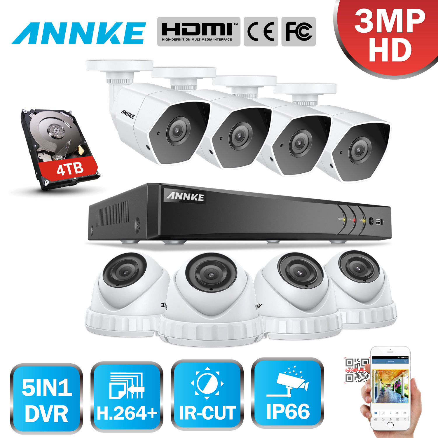 ANNKE Real 3MP IR Night Vision Security Camera System 4CH 8CH H.264+ DVR 0-4TB