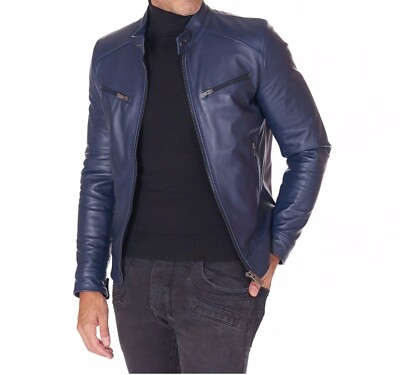 Men's Navy Blue Leather Jacket 100% Real Lambskin Bomber Biker Motorcycle Jacket