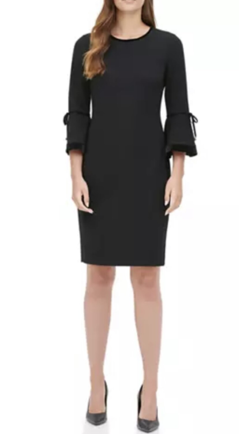 Calvin Klein NWT ЧЕРНОЕ платье-футляр с расклешенными рукавами 3/4 и бархатной отделкой, размер 4,10,16