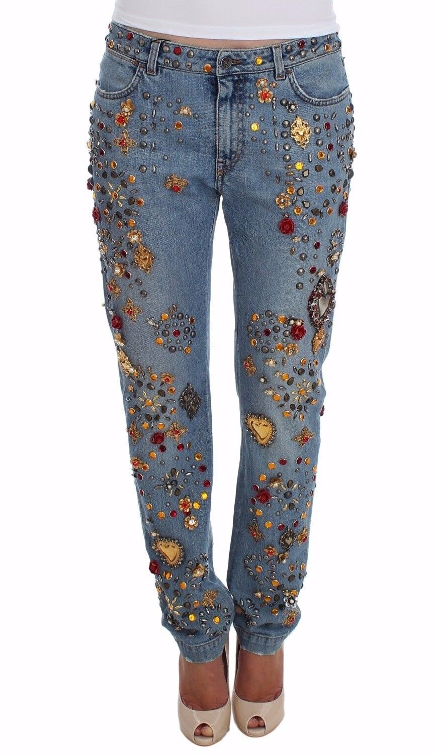 Pre-owned Dolce & Gabbana Jeans Crystal Roses Heart Embellished S. It38/ Us4/ Xs Rrp $7900 In Blue