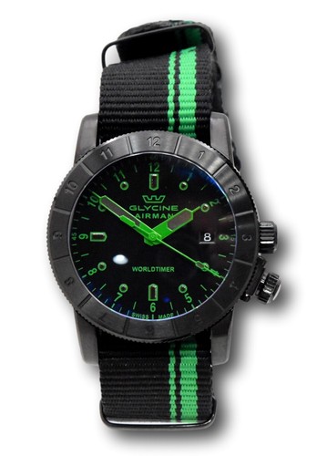 Pre-owned Glycine Airman Worldtimer Men's 42mm Swiss Made Quartz Double Black Watch Gl1041