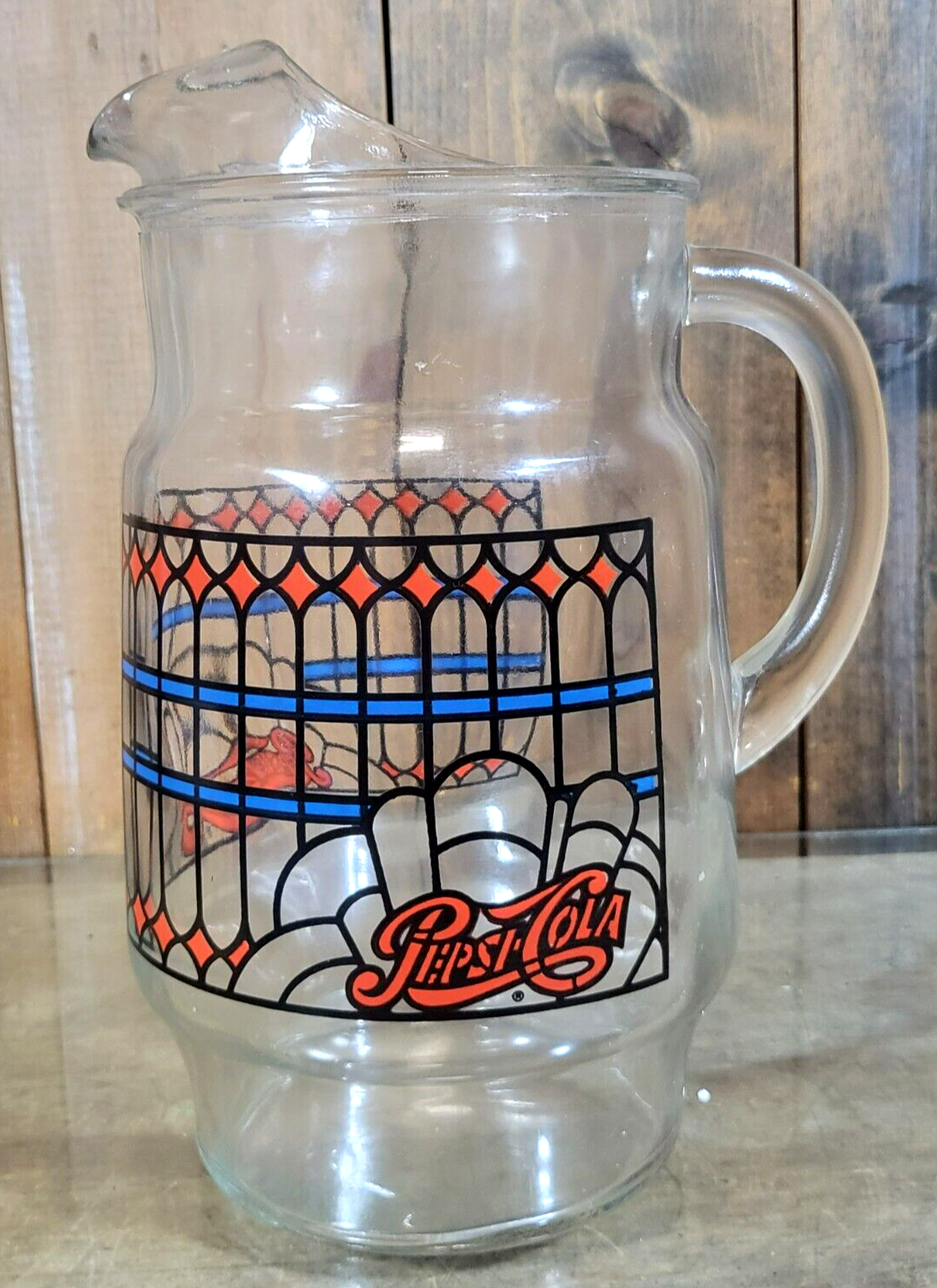 Vintage Pepsi Cola Glass Pitcher Stained Glass Pattern 9 3/4