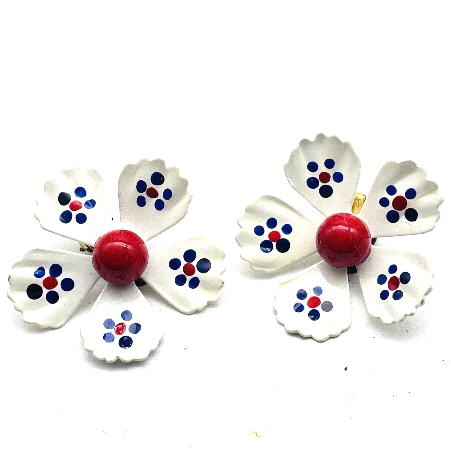 Vintage Acrylic Flower Earrings Clip On Gold Tone Painted