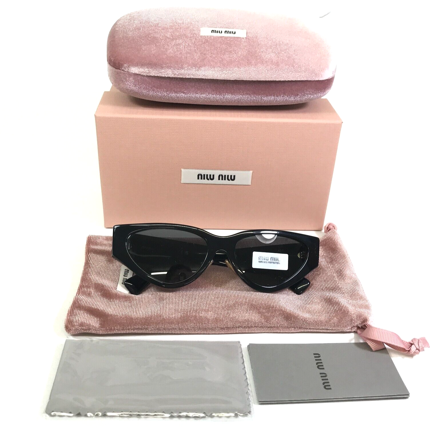 Pre-owned Miu Miu Sunglasses Smu03z 1ab-5s0 Polished Black Gold Cat Eye Frames 54-17-140 In Gray