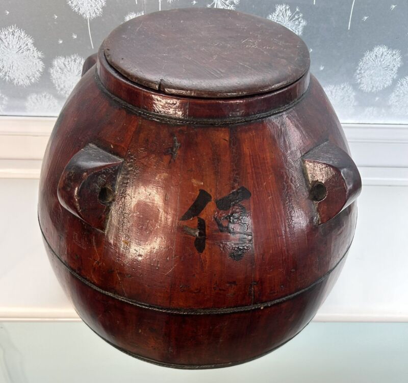 Large Antique Chinese Rice Container Wooden Lidded Food Storage Pot Handmade