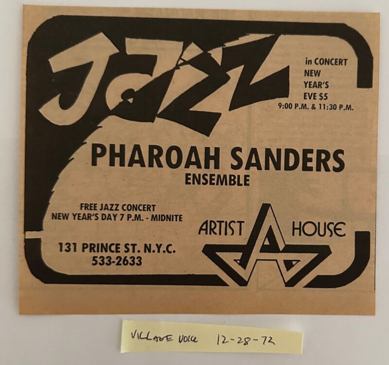 Original Concert Ad -December 31 1972 - Pharaoh Sanders -Jazz New Years Eve Show