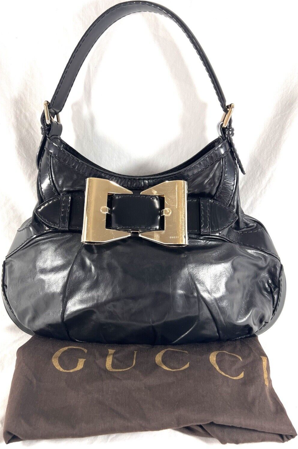 GUCCI 189885 Authentic Black Leather Queen Hobo Tote
