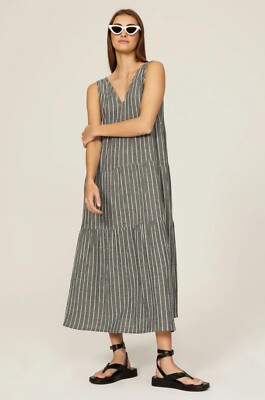 Marine Layer Black Corinne Maxi Dress, Large, Black/White Stripe Cotton, NWOT