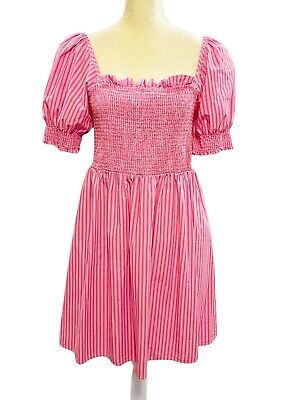 Draper James Cam Pink Striped Smocked Square Neck Dress Size Large
