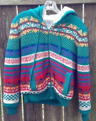 VTG 80s Chill Chasers Multicolor Hoodie Sweater Jacket Womens Sz Small Sherpa