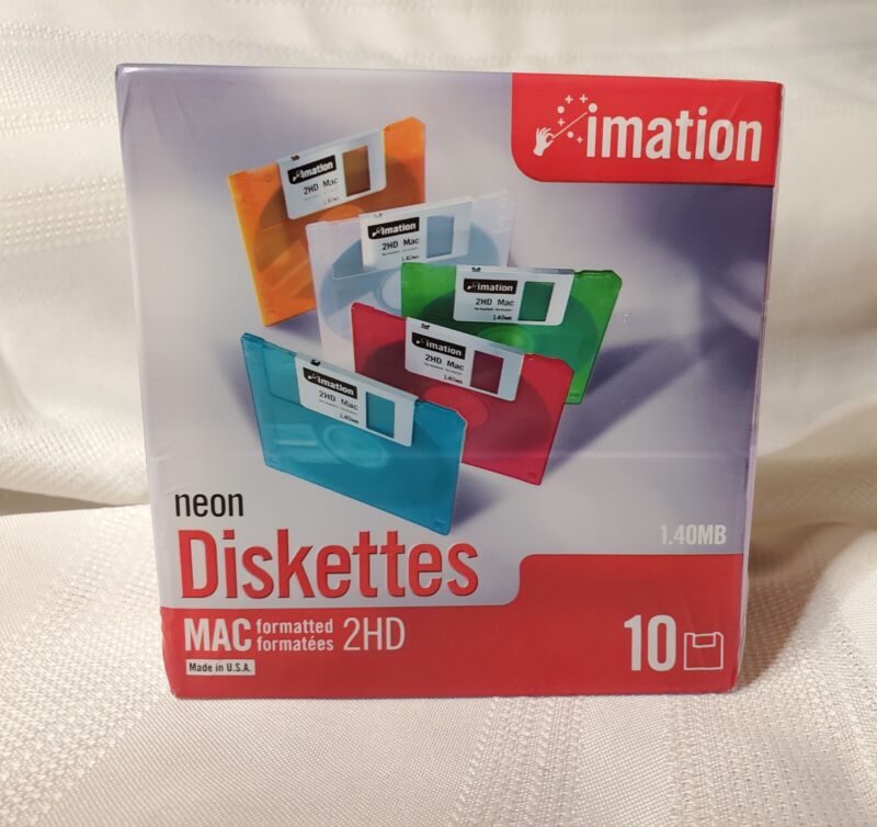 Imation Neon MAC Formatted 2 HD 1.4 MB 3.5" Diskettes 10 NEW NIB Computer Sealed