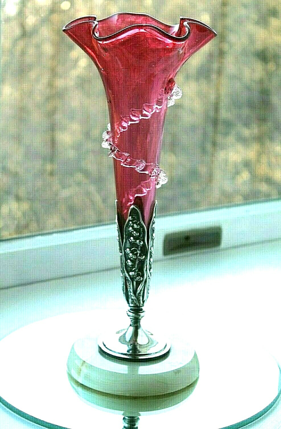 ANTIQUE VICTORIAN CRANBERRY GLASS RUFFLED VASE SILVER LILY VALLEY HOLDER RIGAREE