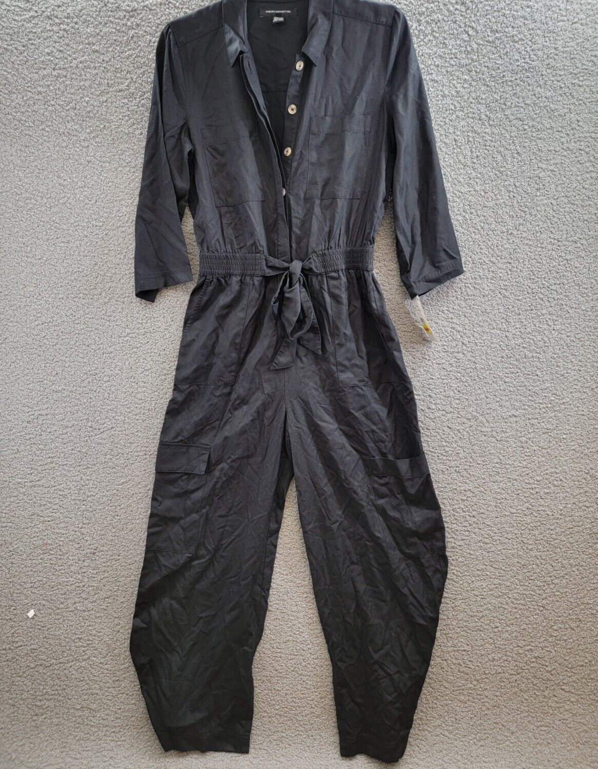 French Connection Elkie Button-Up Cargo Jumpsuit Women's S Black Quarter Sleeve - Picture 2 of 19