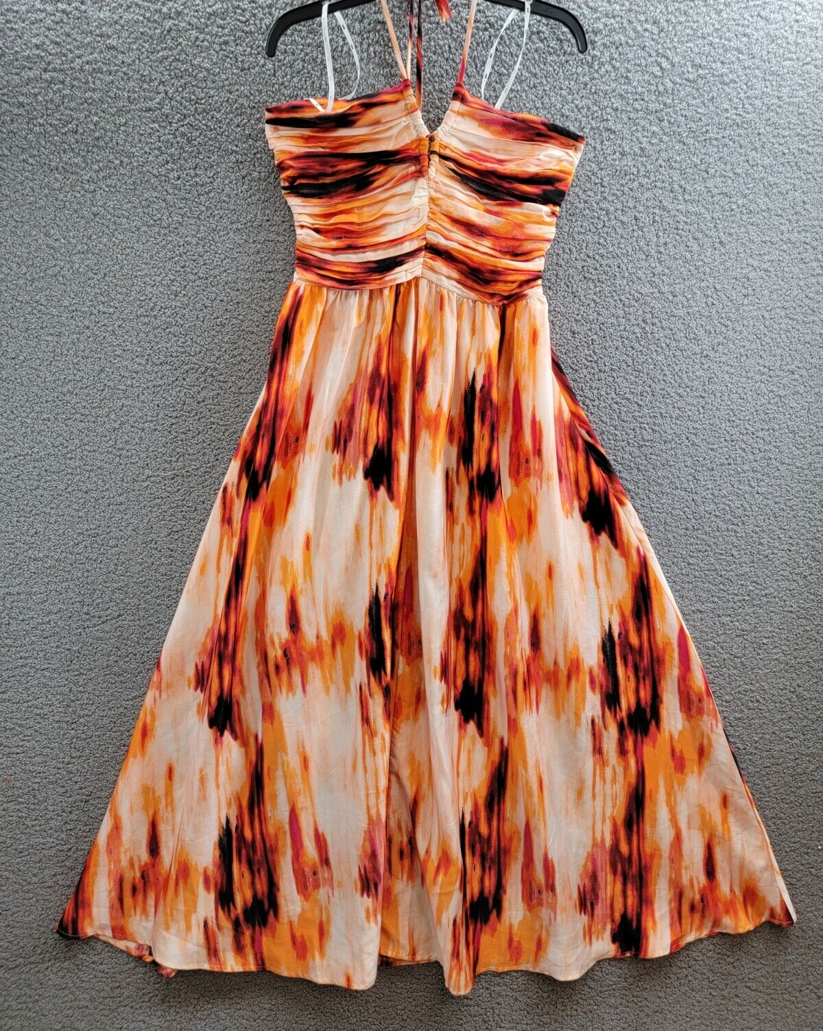 DKNY Printed Satin Strappy Halter Maxi Dress Women's M Orange Blossom Back Tie - Picture 2 of 15