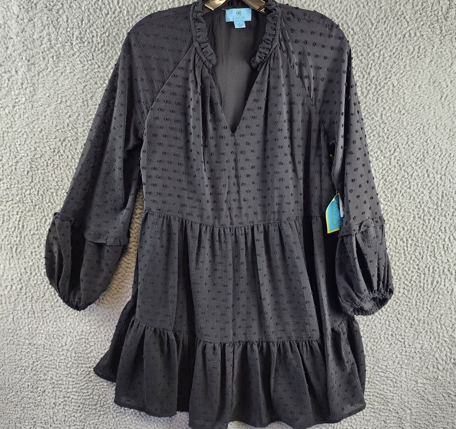 CeCe Clip Dot Ruffled Mini Dress Women's S Black V-Neck Long Sleeve Pullover - Picture 2 of 14