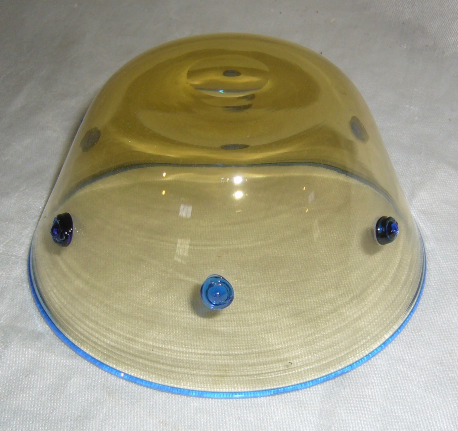 ANTIQUE RARE STEUBEN 3120 BLUE PRUNTS & LIP WRAP AMBER FINGER BOWL & UNDERPLATE