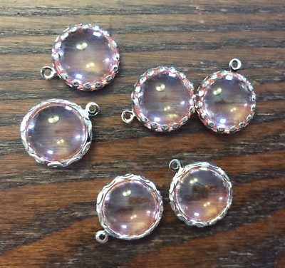 Vintage NOS Pink Lucite Round Bubble Fancy Set Silver Drops Charms Finding Lot