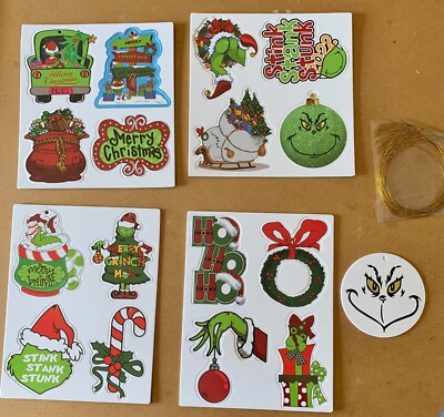 17 Diff 2X Sided Sturdy Cardboard 3¼'' Grinch Themed Christmas Ornaments & String
