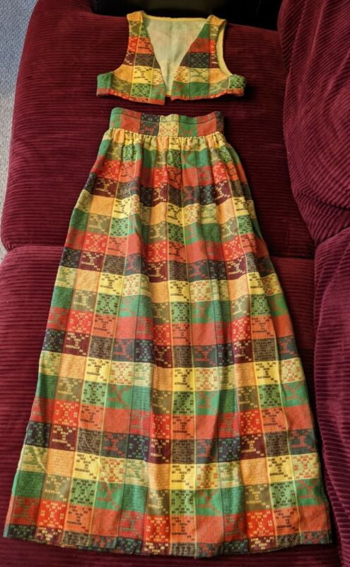 Vintage 60s 70s Maxi Skirt & Vest Set Small Waist 24" Red Yellow Orange Boho
