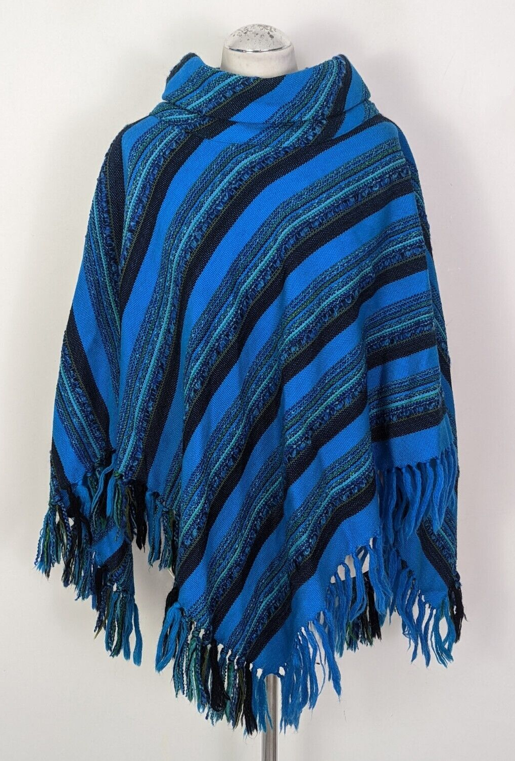 Vintage Wool Poncho Cape Made In Finland Blue Arolan Kutomo