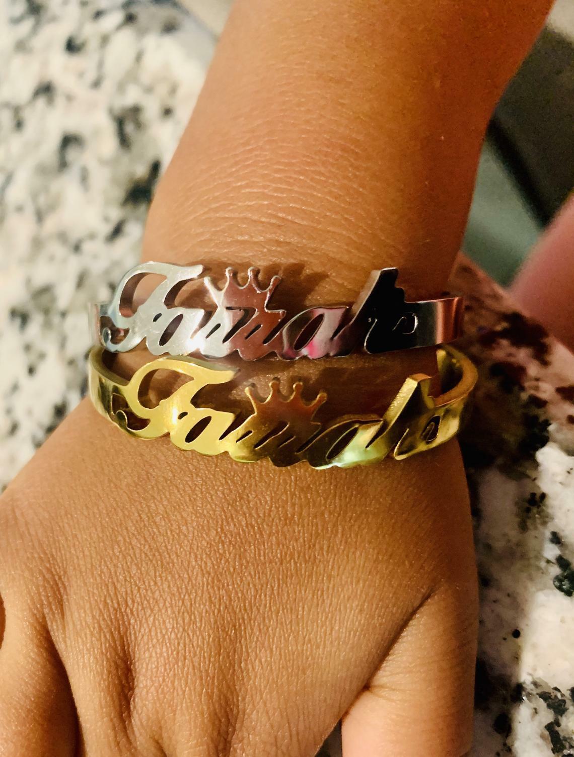 Pre-owned Online0369 14k Yellow Gold Plated Women's Customized Name Cuff Bangle Bracelet 925 Silver In White