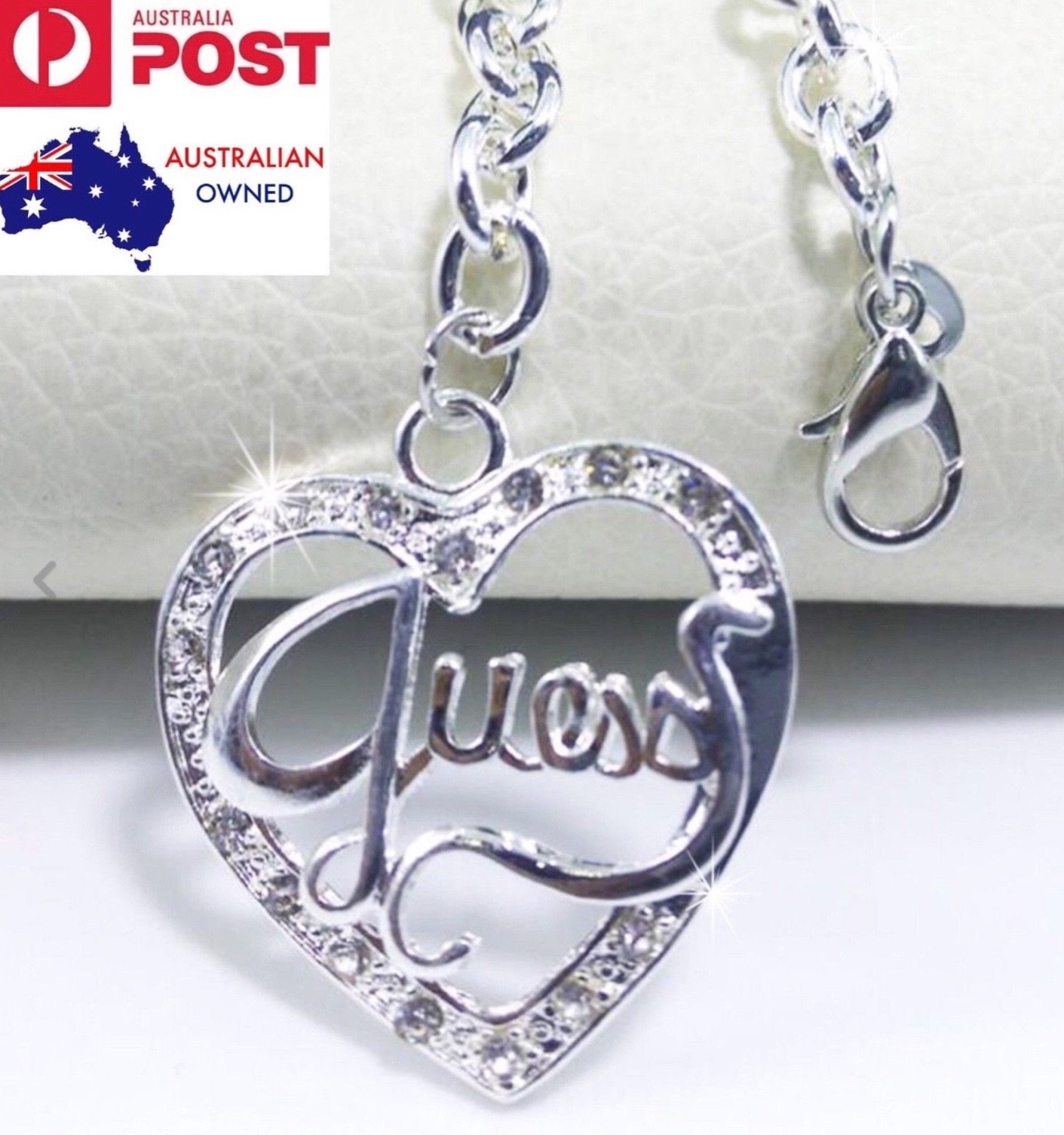 925 Sterling Silver GUESS Crystal Love Heart Pendant Charm Chain Bracelet Gift