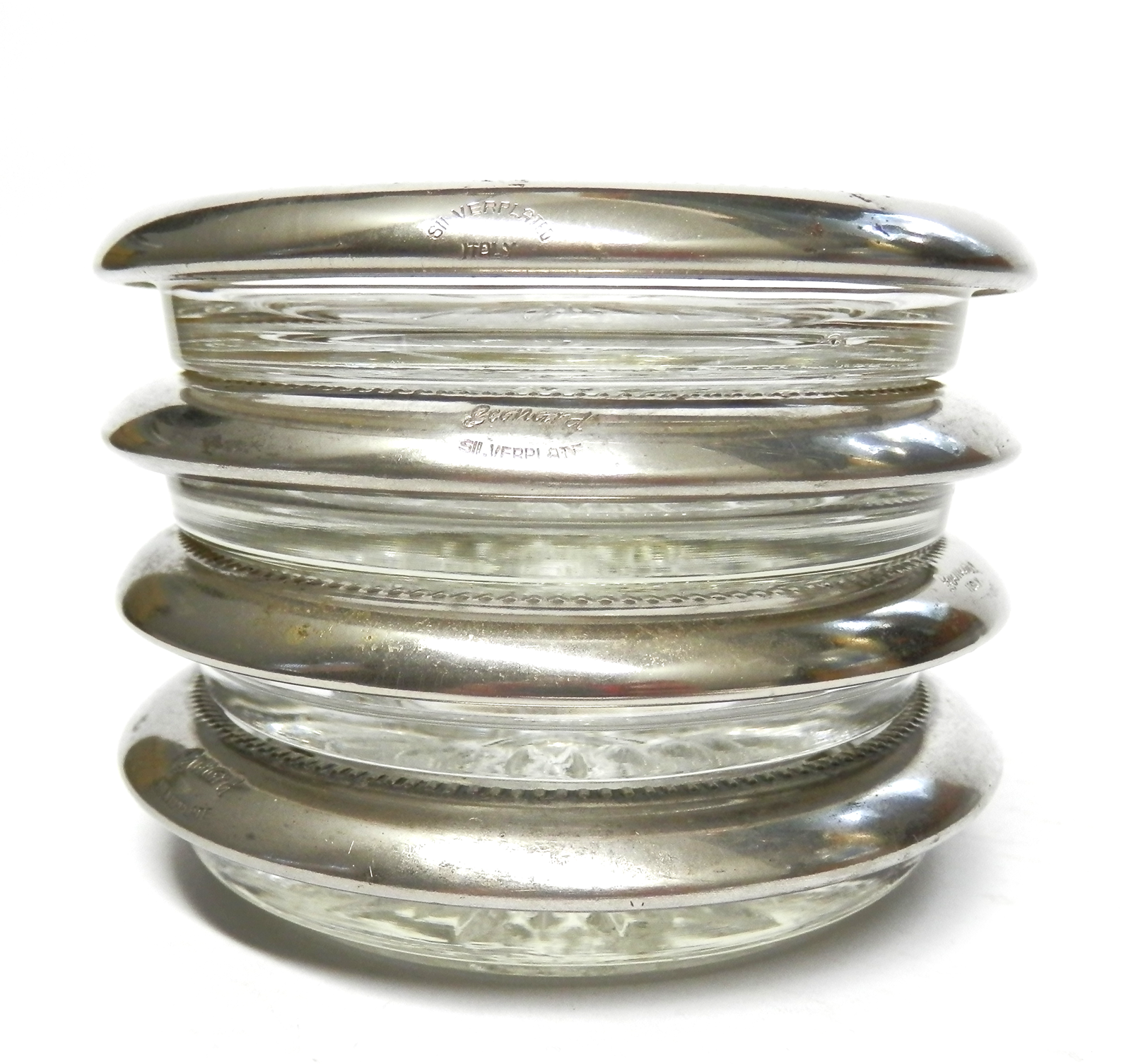 Set of Four Vintage Glass Coasters Silver Plated Collar Trim LEONARD Italy 4