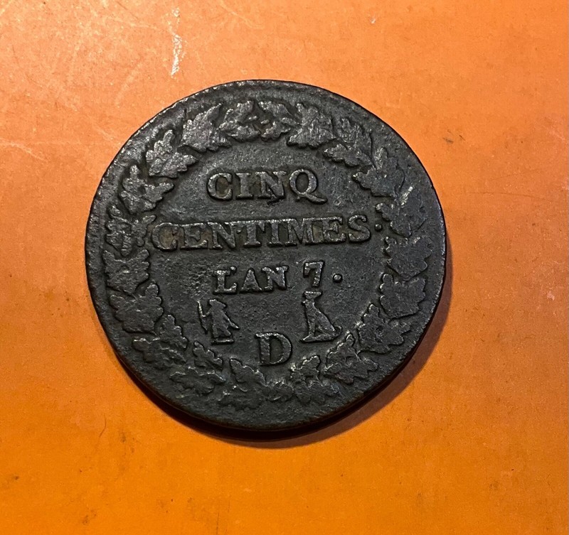 France - 5 Centimes DuprÃ© Grand Module En Cuivre Tb An 7 D Lyon