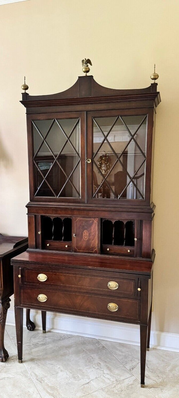 1920's English Sheraton Mahogany secretary desk hutch display cabinet bookcase