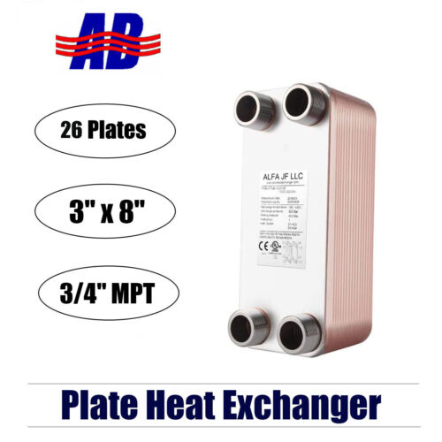 Brazed Plate Heat Exchanger SS316L 3"x8" 26 Plates 3/4" MPT 210,000 BTU