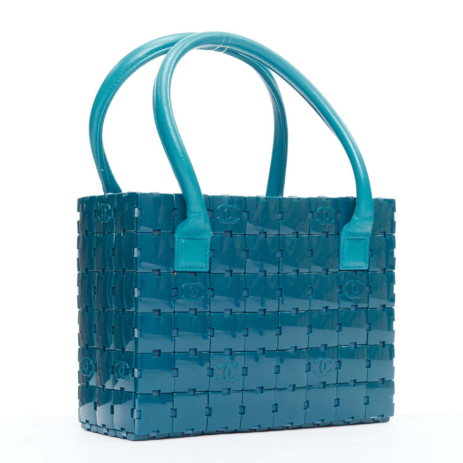 rare CHANEL Puzzle blue plastic CC chip leather stitch tote