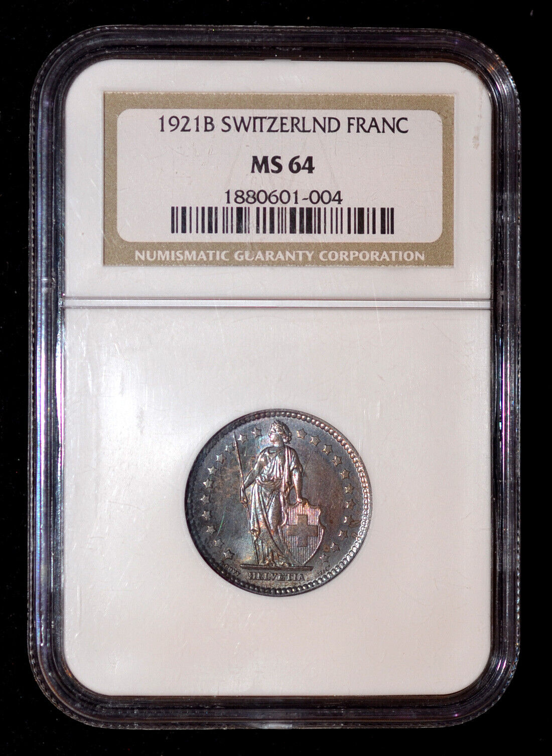 NGC MS64 1921 B Switzerland Franc Toned - Picture 1 of 4