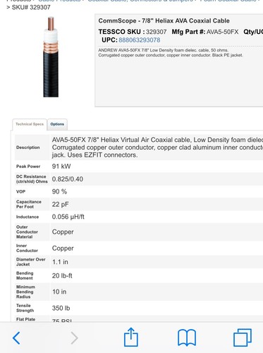 150 foot NEW ROLL Commscope AVA5-50FX COAXIAL RF CABLE 7/8 Foam Lined Heliax
