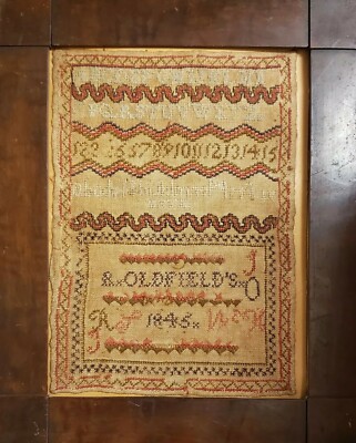 ANTIQUE 1845 STITCH WORK SAMPLER SNAKE PATTERN OLDFIELD'S IL MIDWEST FOLK ART OK