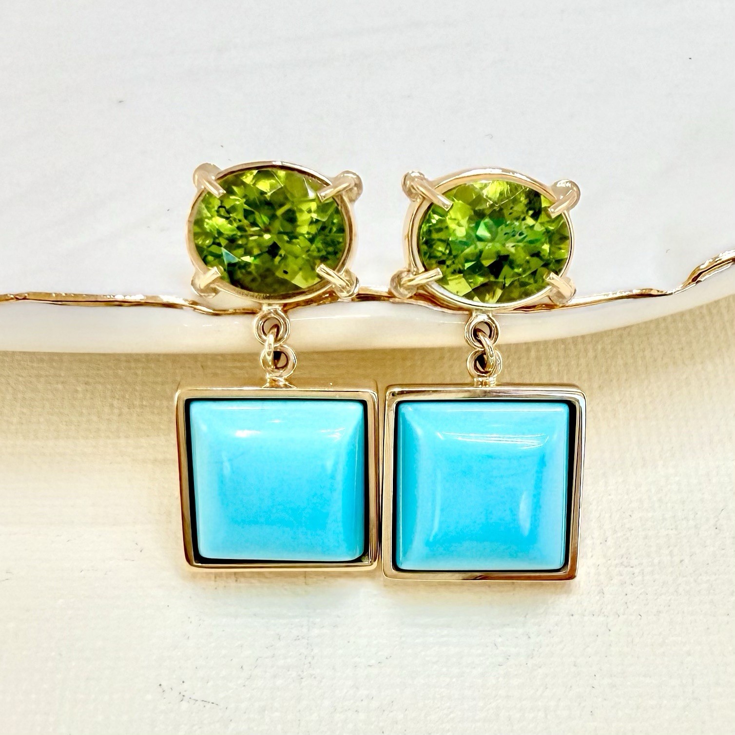 14k Yellow Gold Genuine Peridot & American Turquoise Statement Earrings, New - Picture 12 of 12