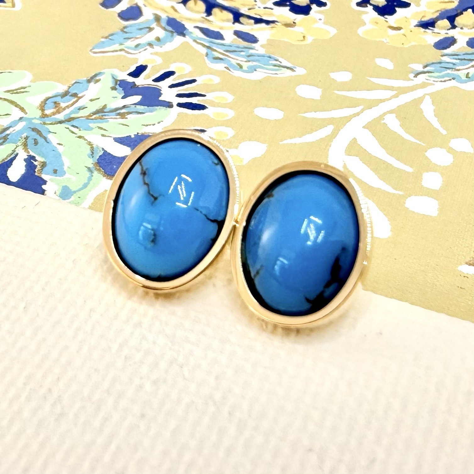14k Yellow Gold Egyptian Turquoise Custom Made Stud Earrings, New Pair #3 - Picture 4 of 9