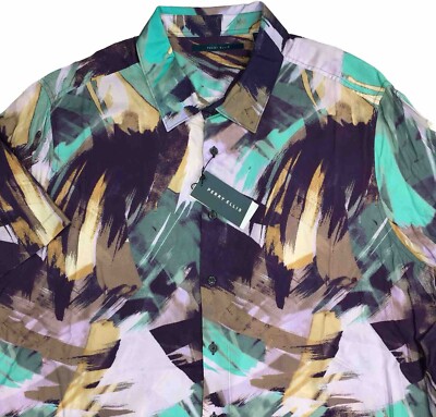 Men's Perry Ellis Short Sleeve Casual Shirt 2X Purple Abstract Brush Stroke NEW