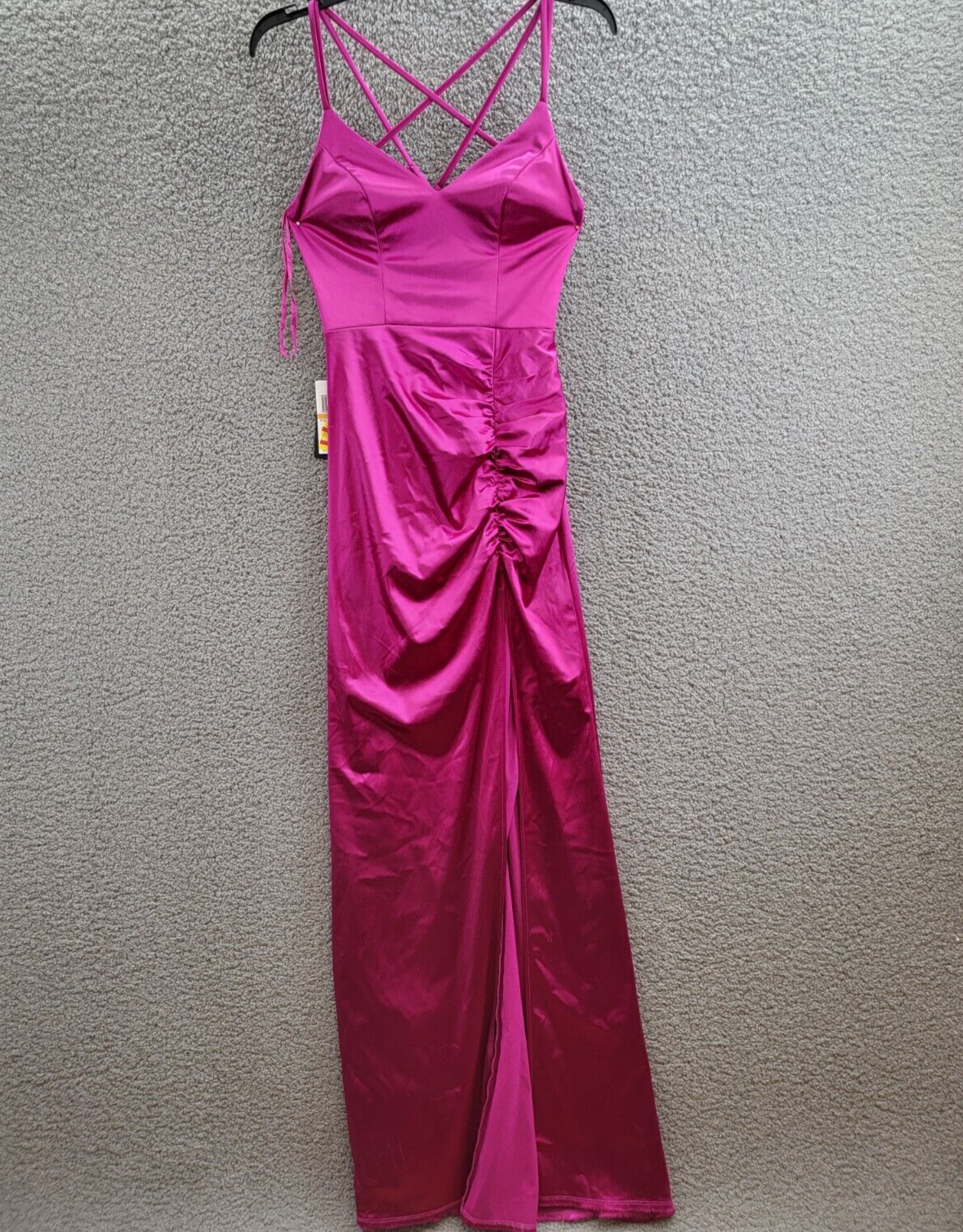 City Studio Satin Cross-Strap Mesh Embellished Back Gown Juniors 3/4 Deep Orchid - Picture 2 of 16