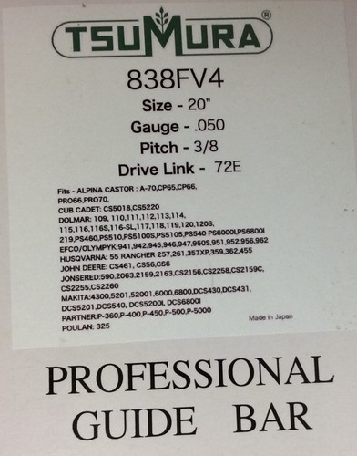 20" TsuMura Guide Bar 3/8-050-72DL Dolmar PS460 5100S 5105 6100 WITH FREE CHAIN!