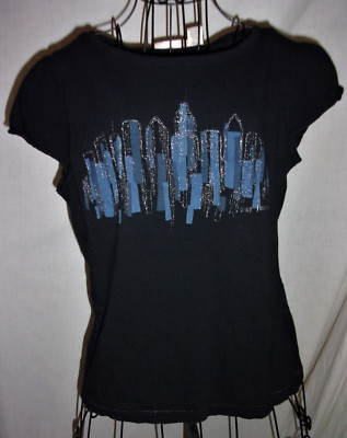 Women's Black Sparkly Skyline Front T-Shirt by DKNY JEANS sz M