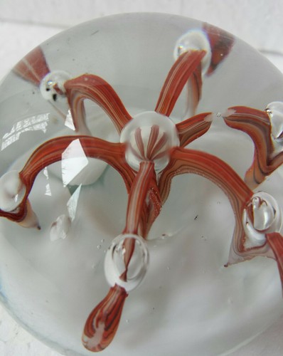 Vintage Blown Art Glass Paperweight Orange Ribbon Octopus Controlled Bubble