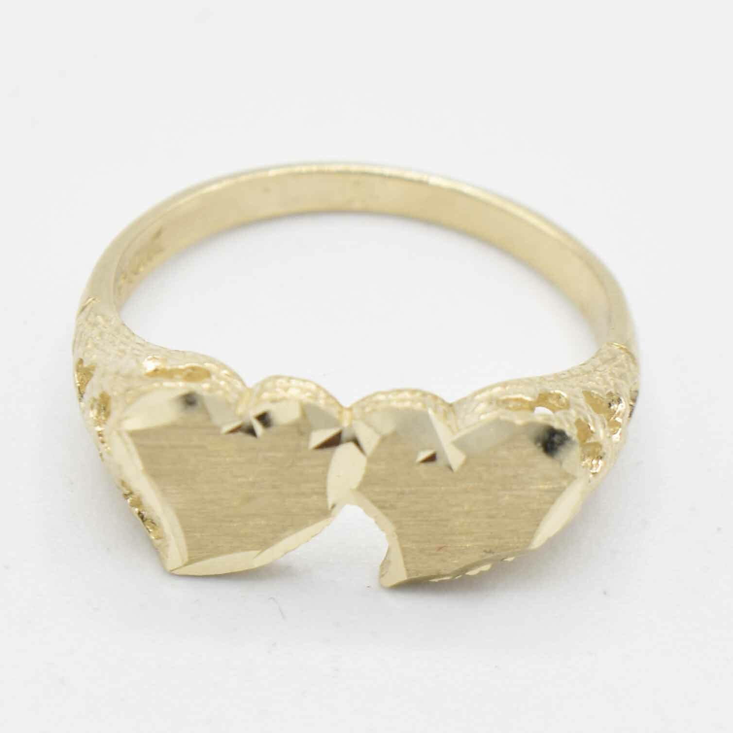 Pre-owned Bayam Satin Finish Double Heart With Textured Sides Ring Real Solid 10k Yellow Gold