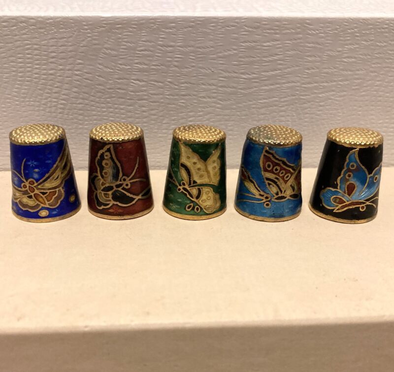 5 Different Vintage Enameled Butterfly Thimbles Brass Made in Beijing China