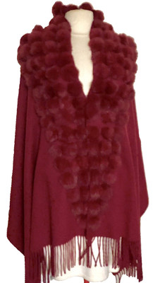 ITALY DONNA DIVINA RABBIT FUR POMPOM BURGUNDY CASHMERE WOOL SCARF WRAP ~ 80 x28 