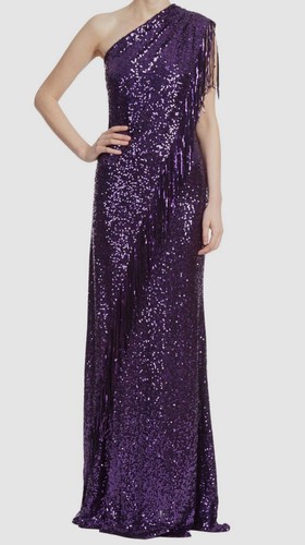 Pre-owned Badgley Mischka $992  Womens Purple Sequin One-shoulder Fringed Gown Dress Size 2
