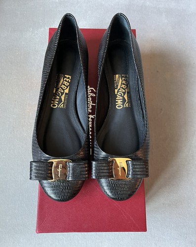 Authentic Salvatore Ferragamo Varina Black Patent Leather