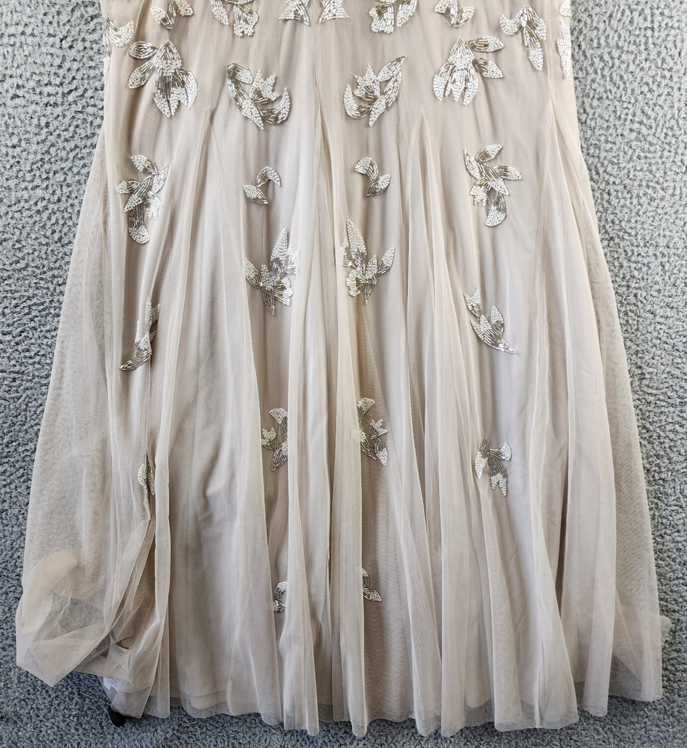 Adrianna Papell Beaded Godet Gown Women's 10 Beige V-Neck Hook & Eye Closure S/S - Picture 20 of 24