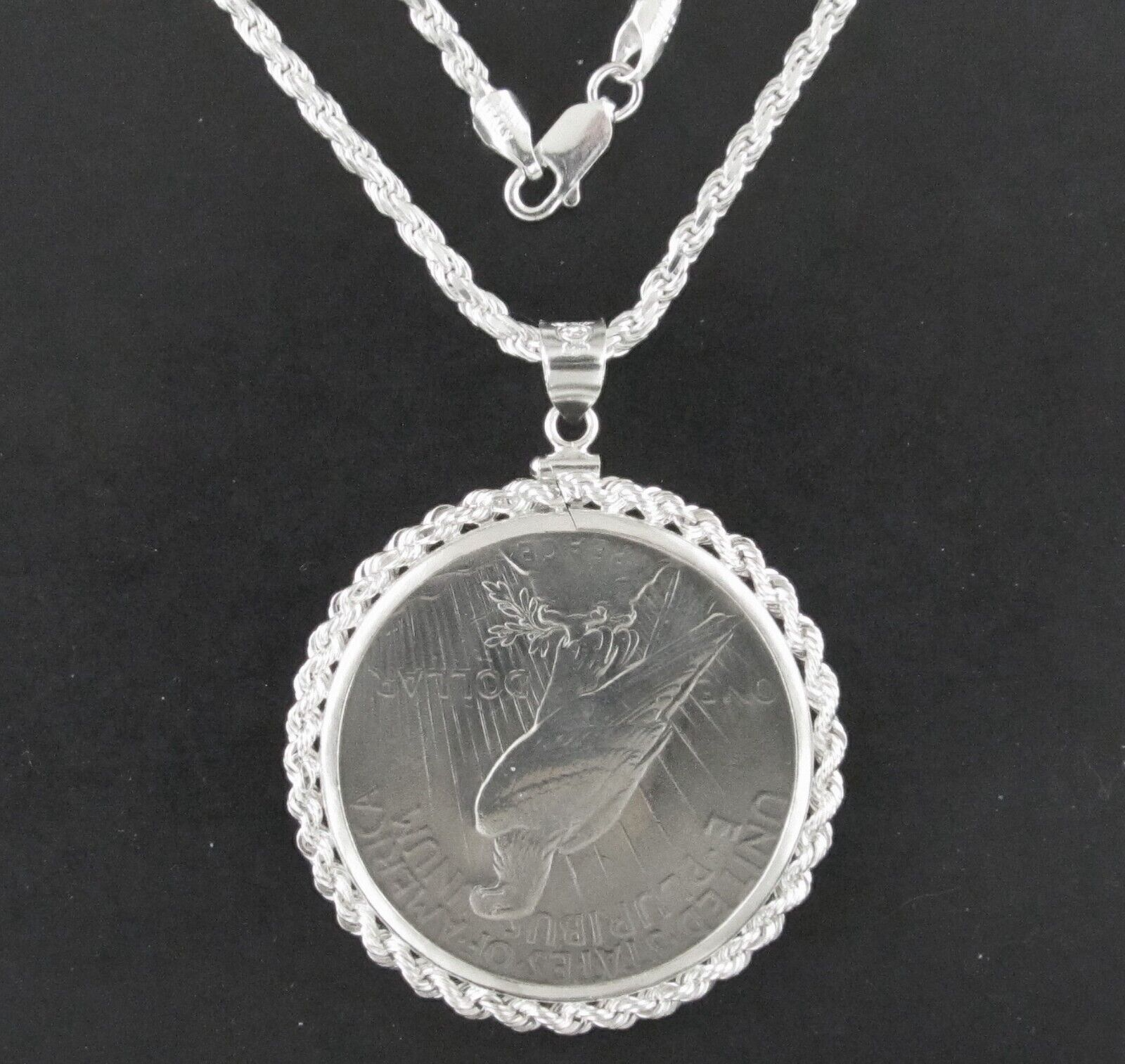 Coin Jewelry Gift Set Peace Silver Dollar Sterling Silver Rope Bezel  .925 Chain