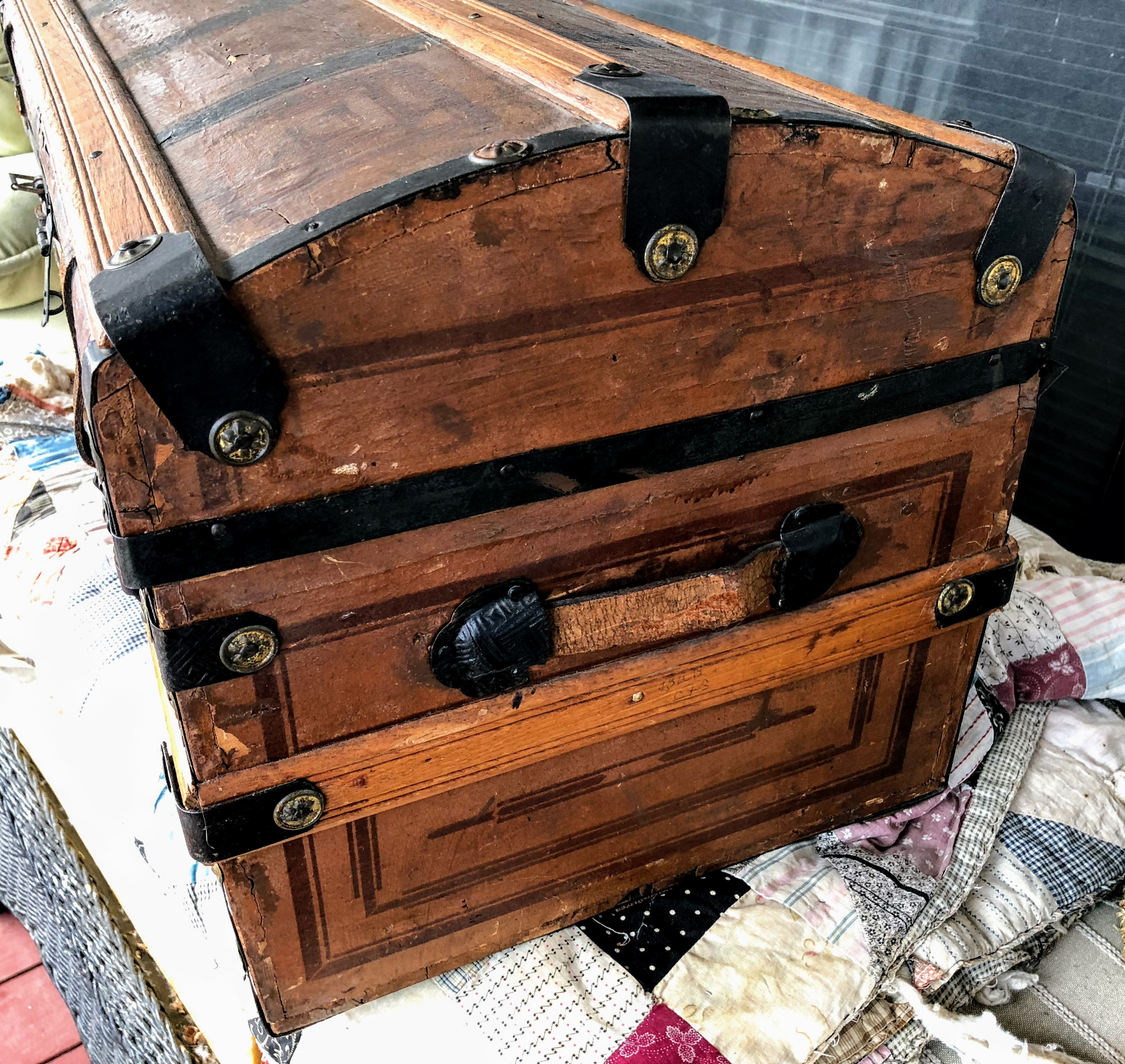 FARMHOUSE 1800 Primitive Antique Trunk Lithograph Paper~Wood Metal Brads