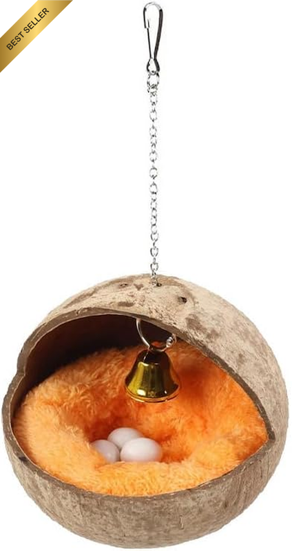 Natural Coconut Shell Bird Nest with Plush Pad and Bell, Hanging Breeding House